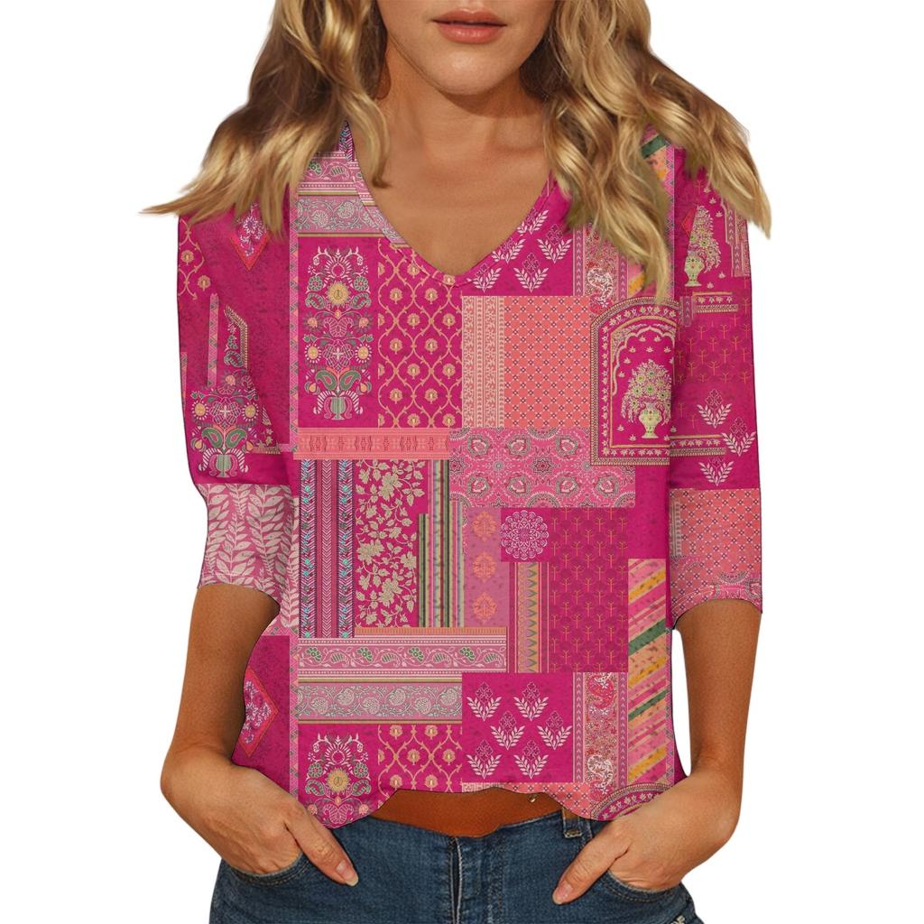 Top Casual de Moda para Mujer Sexy Cómodo Cuello en V Floral Manga Siete