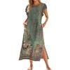 Ladies' Fashionable Summer Casual Pleated Sleeves, Loose Retro Floral Print, Short Sleeves, Round Tie, Pocket Beach Dress
