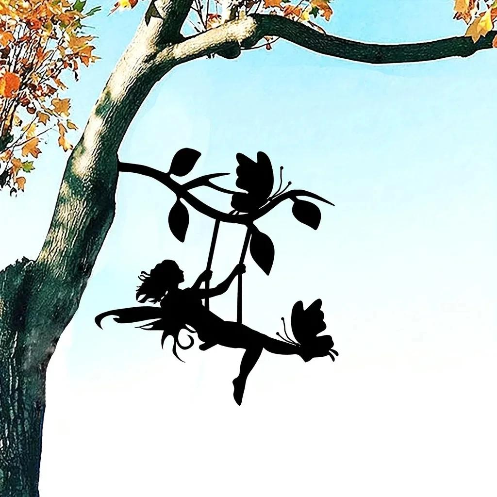 Swing Elf On Branch Steel Silhouette 1pc Metal Wall Art Home Garden Yard Patio Statue Stake Decoration or Garden Party Decor