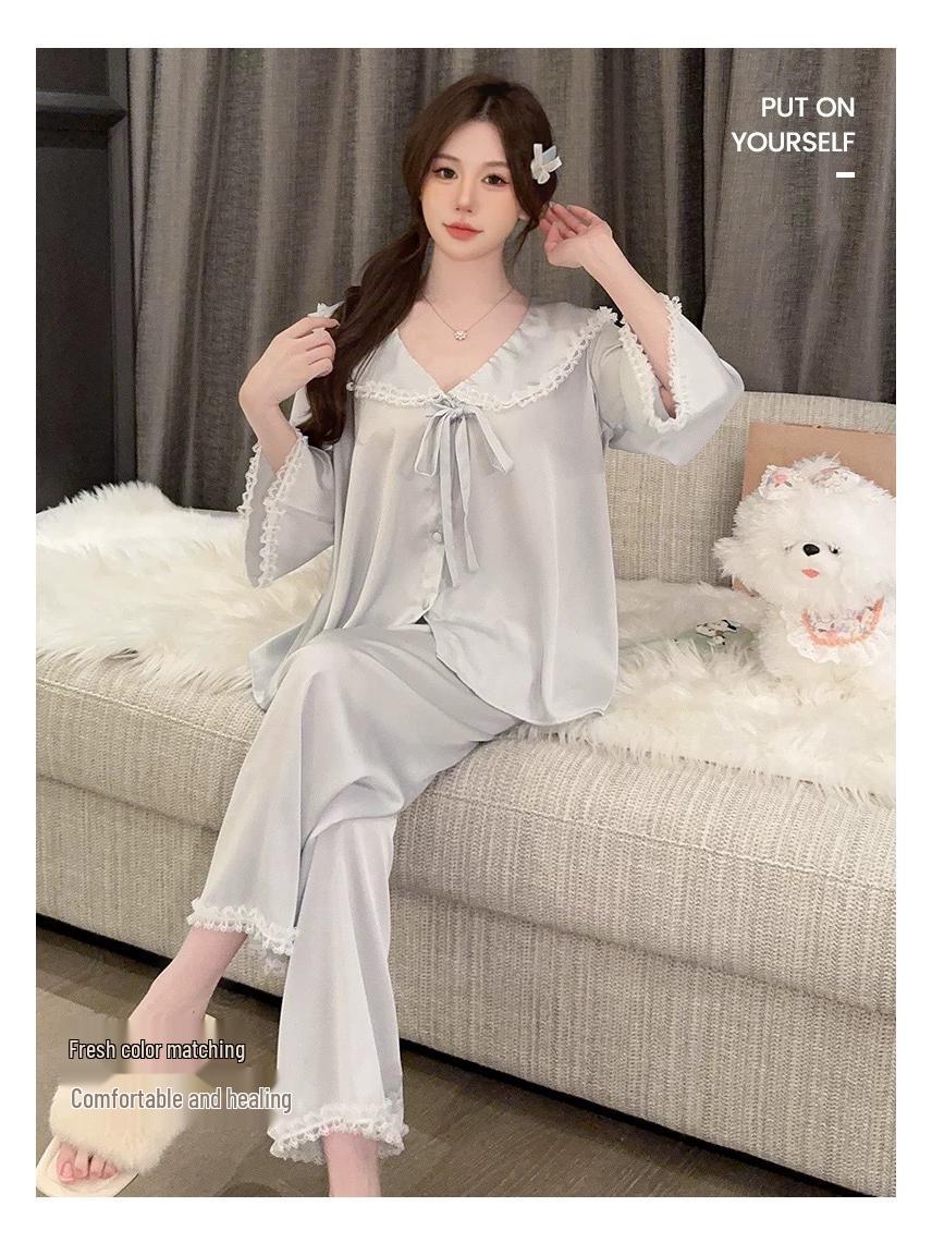 

Women s Chiffon Pajama Set - Sweet Spring & Autumn Style, Doll Collar, Long Sleeves & Pants, Elegant & Lightweight Homewear Medium синій