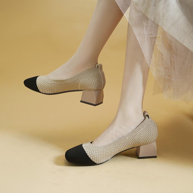 High Heels for Women 2025 New Square Headneck Solid Color All-match Single Shoes Slip On Breathable Knit Women Work Shoes