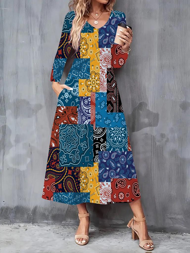 2025 Autumn and Winter New Women Casual Fashion Dress 3D Retro Pattern Print  Long Sleeve V-Neck A-Line Dresses