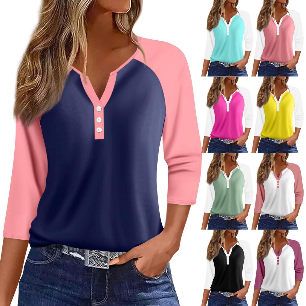 Women's Fashion Casual Raglan Sleeve Colorblock V-Neck Three-quarter Sleeve Decorative Button T-shirt Top