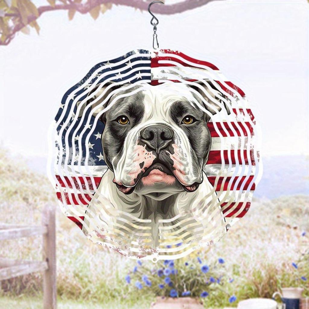 Patriotic Metal Wind Chime American Flag Bulldog Design Dual Direction Rotating Garden Decor No Power Needed Easy To Install