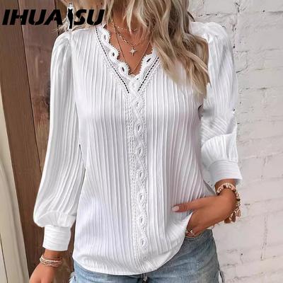 Autumn Long Sleeve V-neck Lace Patchwork Shirt for Women Shirt for Women
