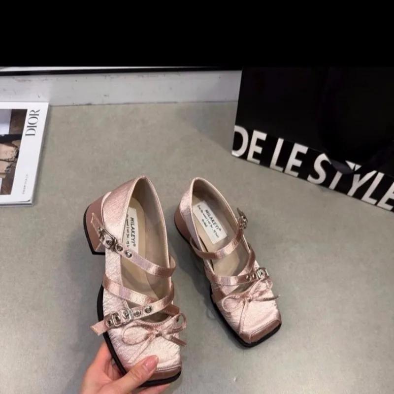 

Fashion 2025 Fashion Women s Mary Jane High Heels Square Toe Buckle Strap Bow Tie Chunky Heels Pumps Shallow Hot Sale Daily Brand Dress 40 розовый