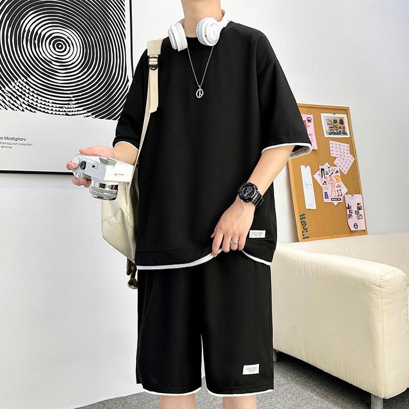 Waffle Suit Summer Men's Short-sleeved T-shirt Shorts Thin