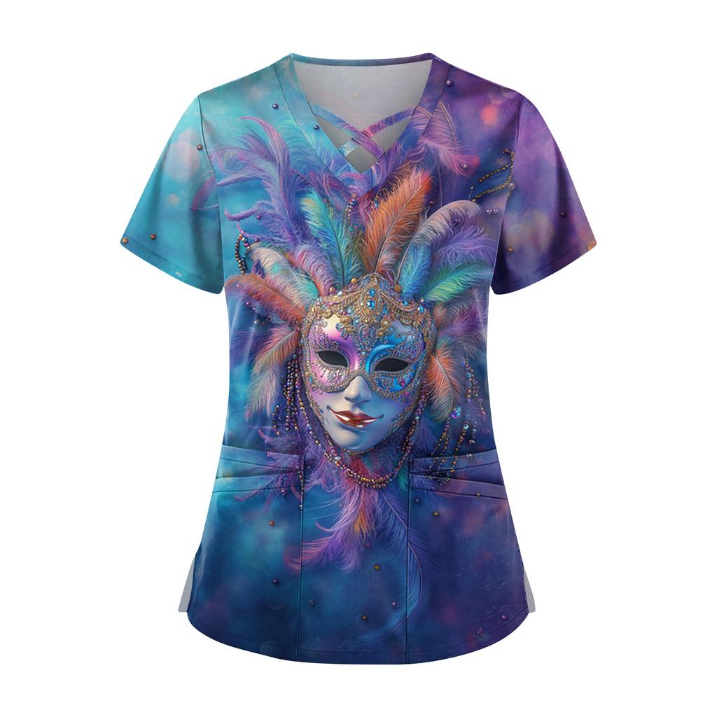 Women's Short Sleeve Stagger V Neck Print Pocket Dry- Top