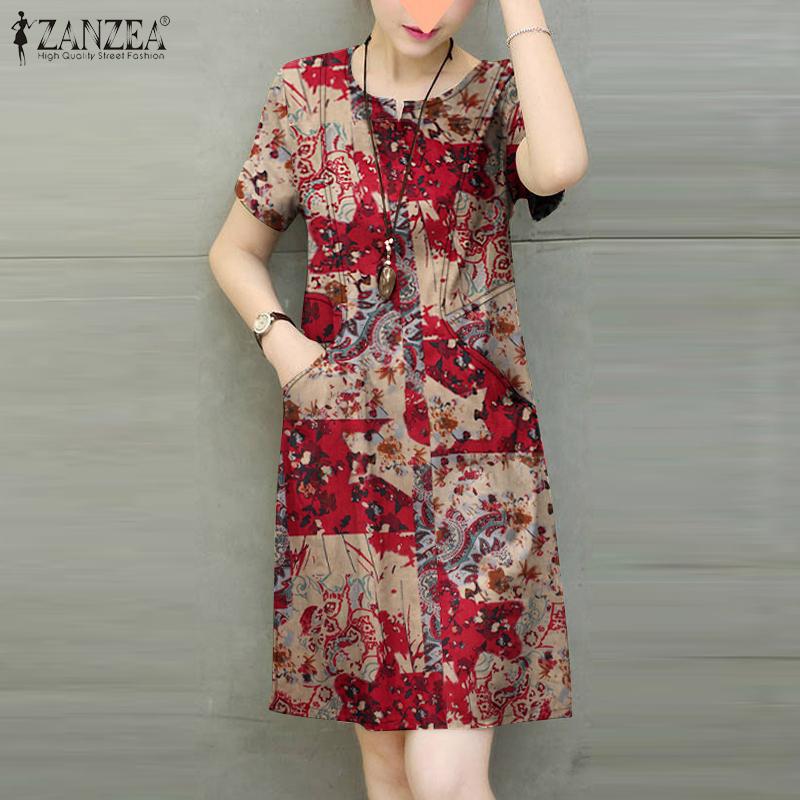 

ZANZEA Женское повседневное платье с v-образным вырезом и коротким рукавом с принтом