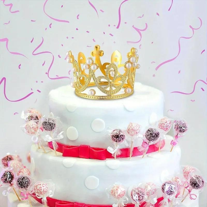 Mini Pearl Crown Cake Decoration Gold Silver Cupcake Topper Kids Hair Ornaments DIY Cake Baking Birthday Party Favors Supplies