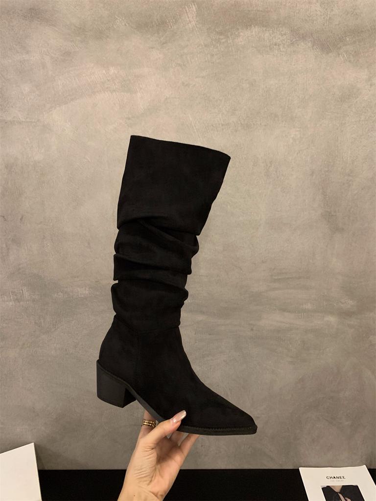 Pointed toe high heels khaki stacked boots boots women's shoes 2025 new spring, autumn and winter skinny long knight boots