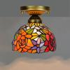 European Stained Glass Ceiling Light - Handcrafted Floral Rose Mosaic, Antique 8Inch Wide Flush Mount for Dining Room/Library