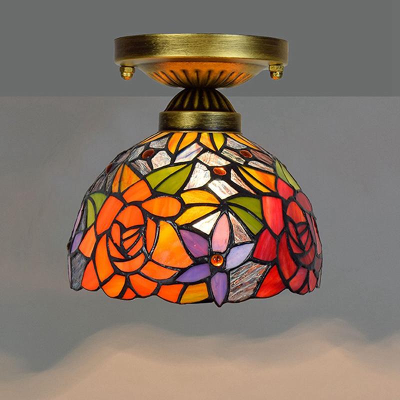 European Stained Glass Ceiling Light - Handcrafted Floral Rose Mosaic, Antique 8Inch Wide Flush Mount for Dining Room/Library