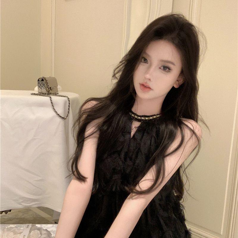 Elegant Feather Halter Neck Dress - Women s Chic Summer Sleeveless Slimming Skirt Small чёрный