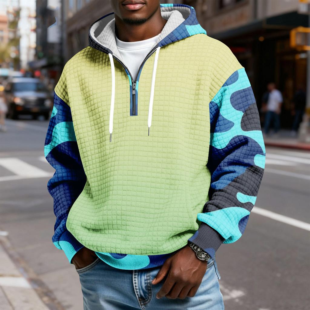 Sudadera Deportiva Casual para Hombre con Capucha y Media Cremallera a Cuadros con Cordón y Estampado