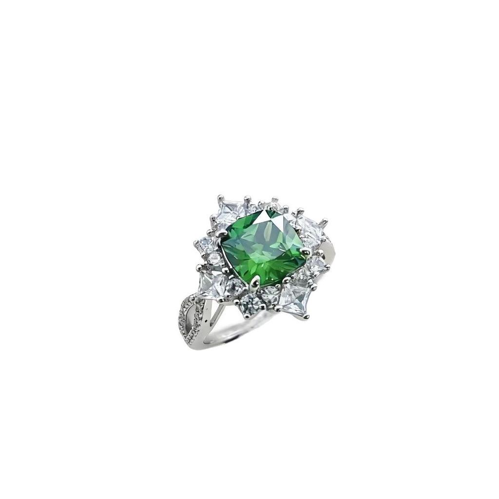 High-End Luxury Jewelry Simulation Emerald Full Diamond Ring Female, Full Diamond 8X8 Square Cultivation Treasure Ring