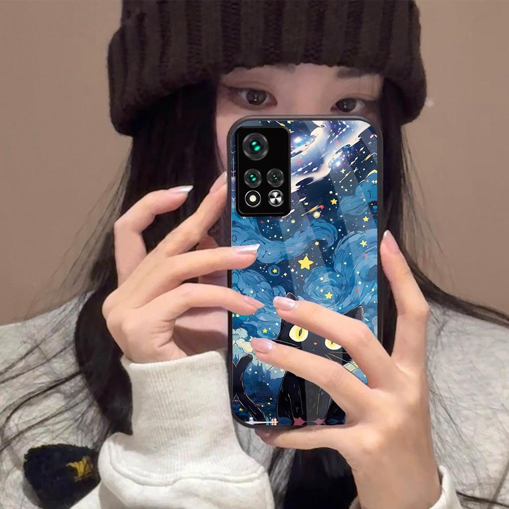 Case for Xiaomi POCO X4 Pro 5G Anime Black Cat Starry Cloud Print Phone Cover Acrylic Hard Back Shell With Flexible TPU Edge