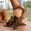 Summer New Leopard Bow Sandals Plus Size Round Toe Open Toe Casual Breathable Soft Sole Non-Slip Women's Flats