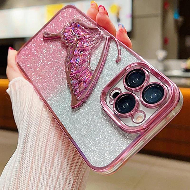 3D Butterfly Glitter Phone Case For iPhone 16 15 14 Plus 13 12 11 Pro Max Electroplated Silicone Soft TPU Shockproof Back Cover