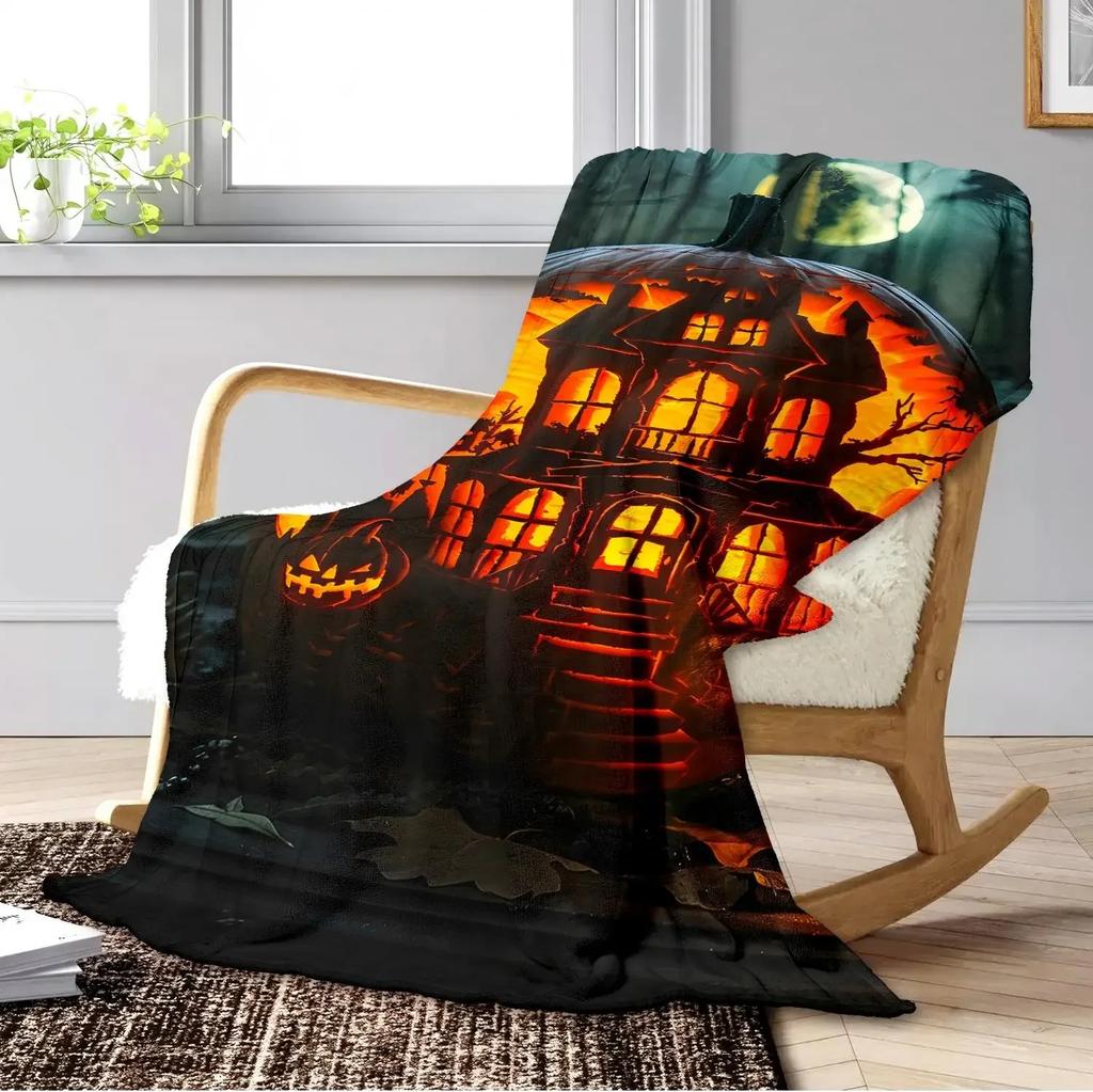 Halloween Theme Throw Blanket – Gothic Pumpkin & Skull Print for Friend, Couch, Bed, Car, Home, Camping, All-Season Use