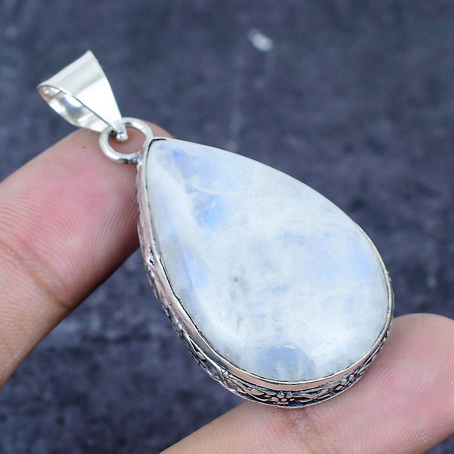 Natural Moonstone Gemstone 925 Sterling Silver Jewelry Pendant 2.09" W0b00