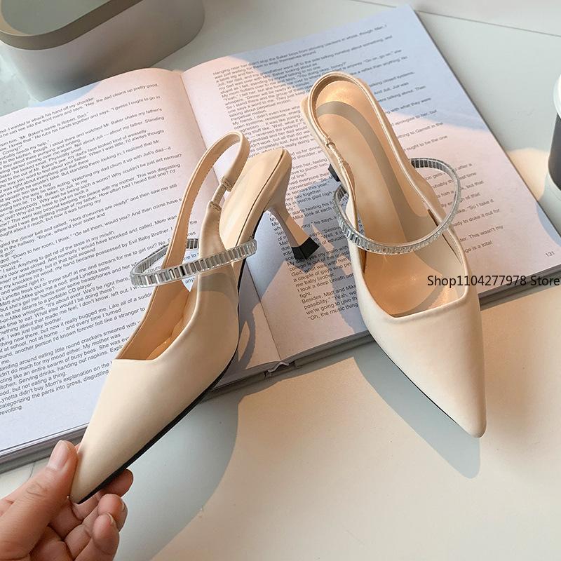 Fashion 2025 Women's Fashion Shoes High Heel Pointed Back Vacant Woolen Shoes Water Embellished Slippers Rubber Outsole Pumps