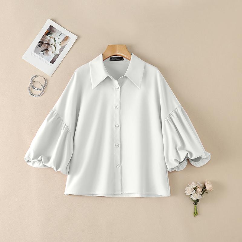 ZANZEA Women Casual Turn Down Collar Loose Puff 3/4 Sleeve Plain Blouse