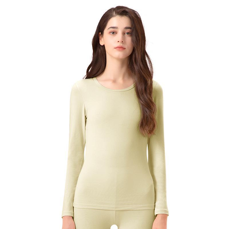 Women's Seamless Thermal Underwear Set - Antibacterial, High Elastic, Plus Velvet, Thin, Long Sleeve, Round Neck, Cotton Blend, Autumn.