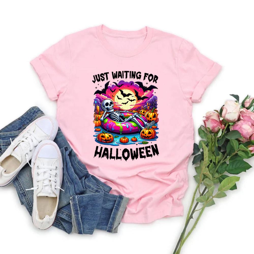 Just Waiting for Halloween T Shirt Skeleton Tshirt Funny Spooky Halloween Skeleton T Shirts Short Sleeve T-shirts Vintage Tees
