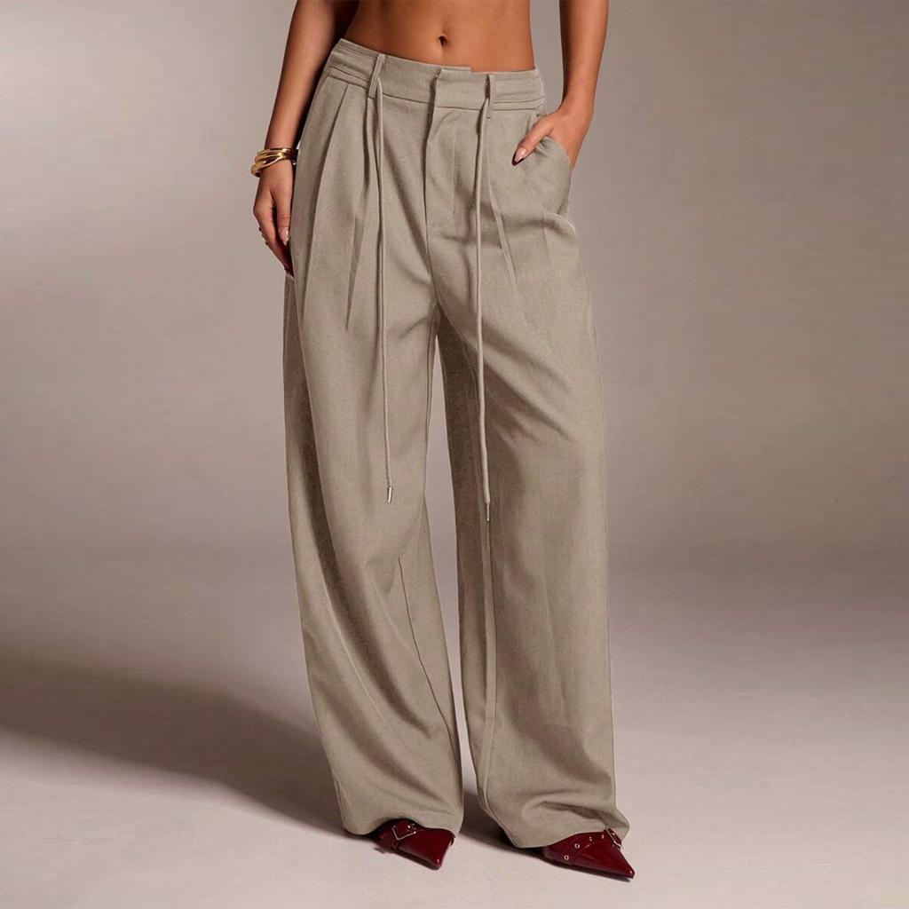 Women's Ffashionable Color Pocket Tie Loose Casual Suit Pants Commuting Straight Leg Casual Pants