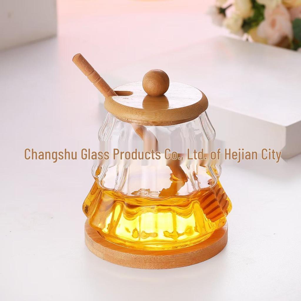 High Borosilicate Glass Honey Jar with Lid and Stirrer - Kitchen Storage Jar