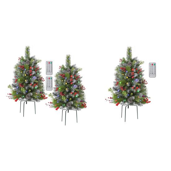 Lighted Artificial Christmas Urn Filler Battery Operated Pre-lit Xmas Pine Trees with Tripod Stake