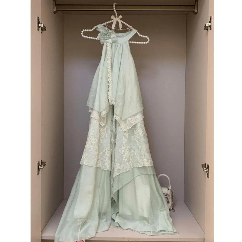 Summer Korean New Pure Green Vacation Dress, Thin Flower Lace Splicing Neck Dress, Long Dress