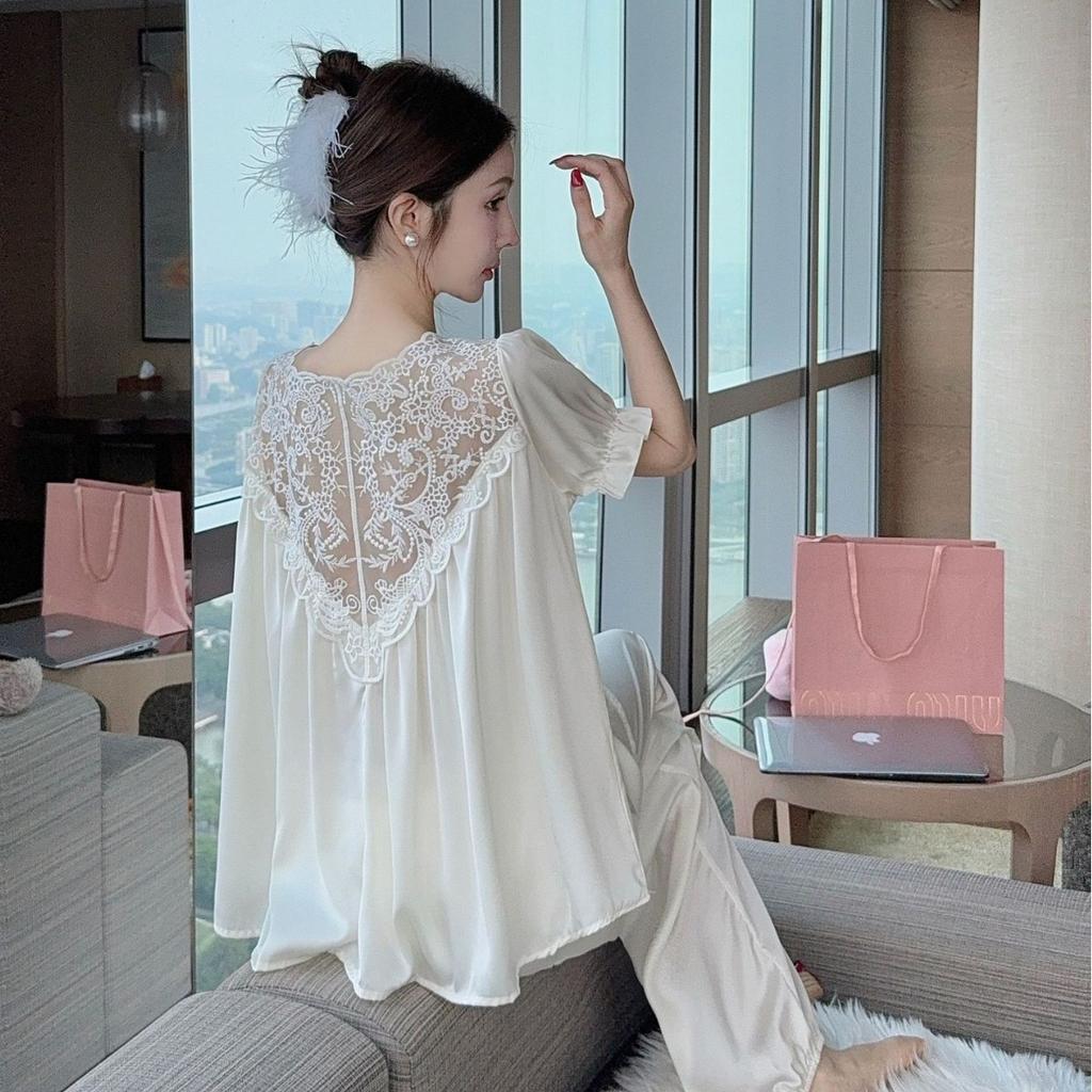 Summer new ice silk pajamas for women, palace style, French thin nightdress with padded bra, high-end girlish short-sleeved long skirt