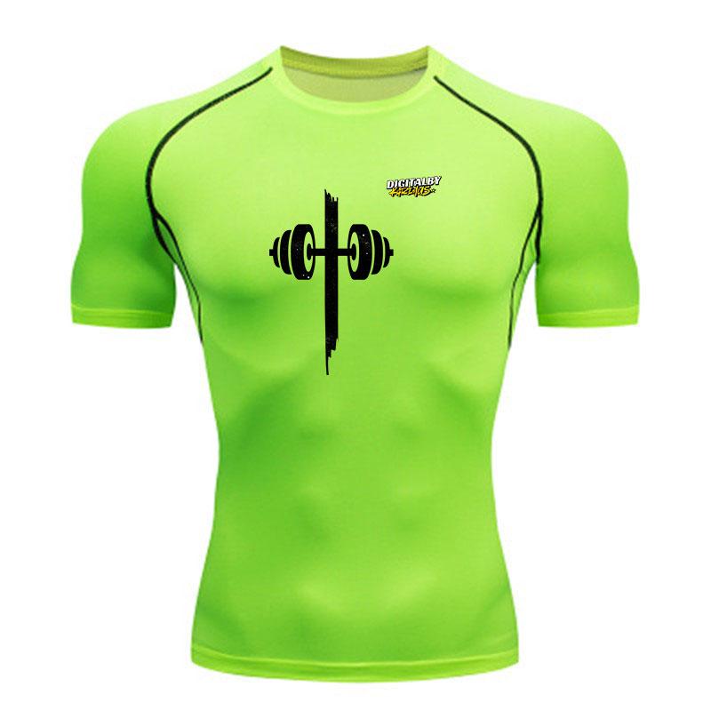 Men's Quick Dry Compression Fitness T-Shirt, Dumbbell Cross