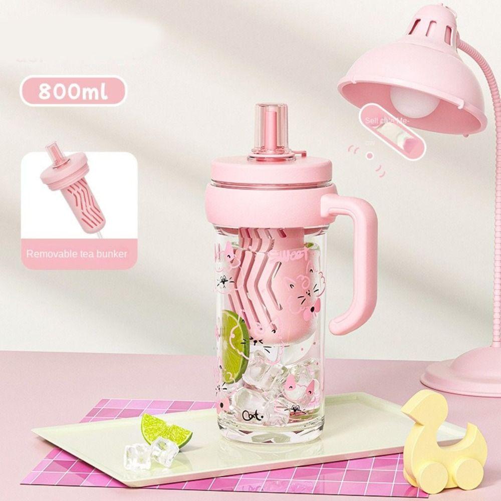 With Straw Cartoon  Water Cup Large Capacity Sport Bottle Cartoon Milk Tea Cup  Travel