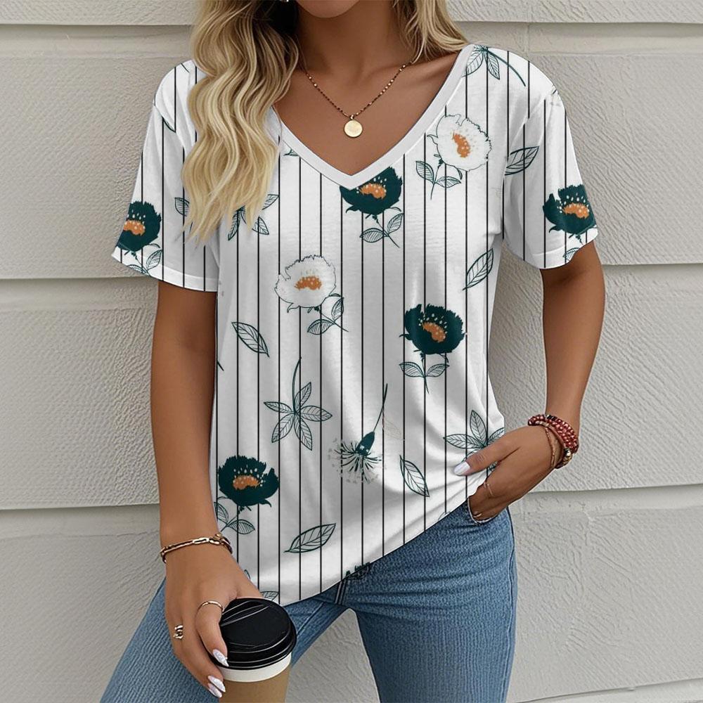 Women's T-Shirt Stripes And Floral Graphics Retro Fashion Classic Casual Short-Sleeved Oversized V-Neck Summer Women's Clothing