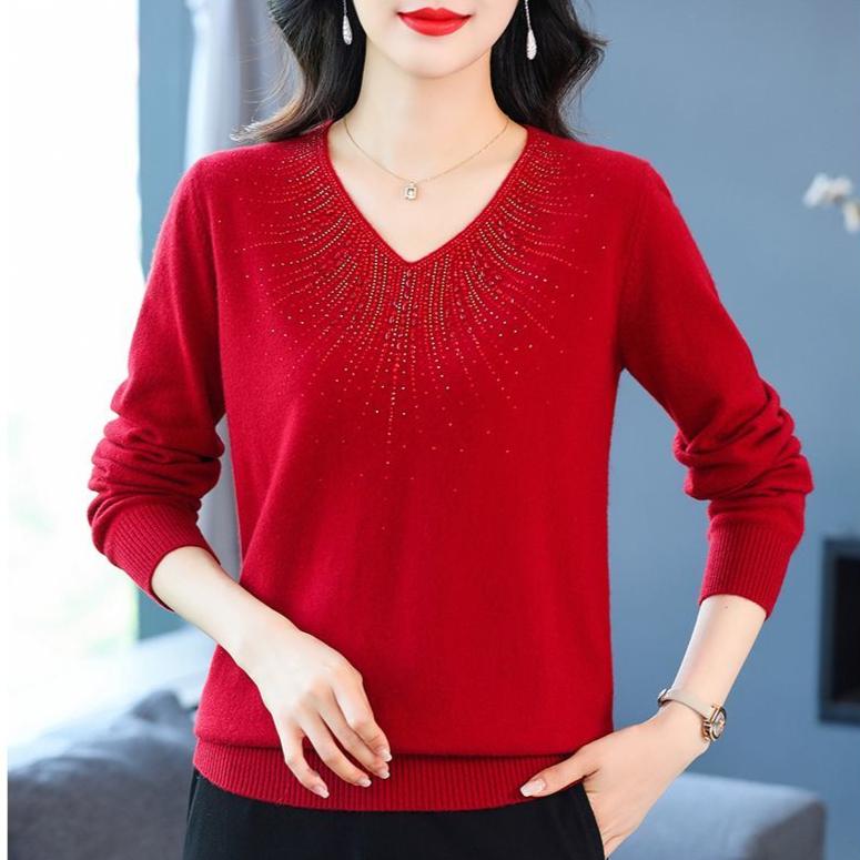Autumn Women's Plus Size Sweater Loose V-neck Knitwear Rhinestone Pullover Knit Top Stretch Jumper