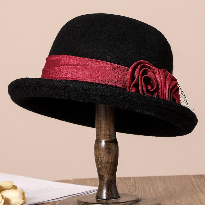 Middle-aged elderly autumn and winter warm woolen basin hat femininity mother flower curling top hat fashion versatile bucket hat
