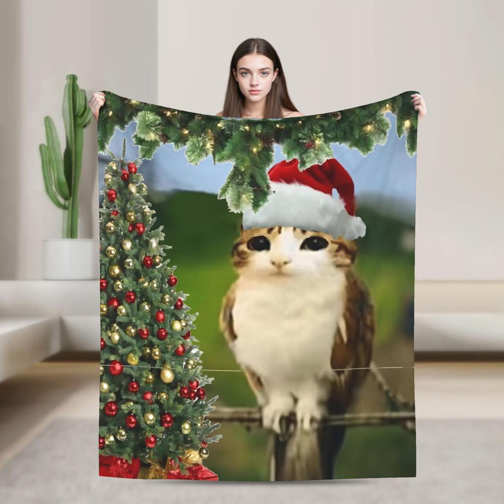 Cat Owl Funny Brainrot Christmas Blanket Soft Funny Plush Throw Blanket For Child Couch Chair Flannel Bedspread Bed Cover