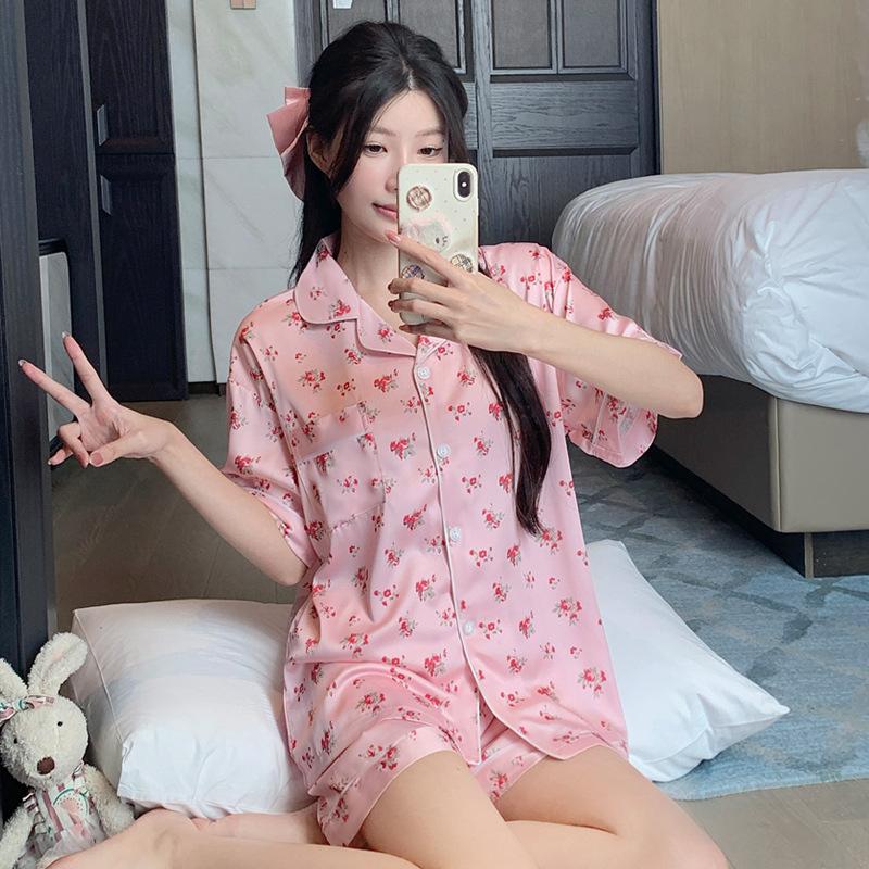 Summer Ice Silk Pajamas Women'S Cool Short-Sleeved Pastoral Small Floral Sweet Thin Loungewear Set