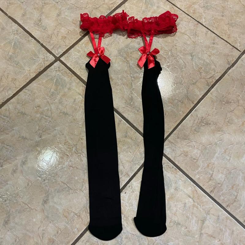 Contrast Color Lace Patchwork Thigh High Stockings Ruffle Thigh Garters Suspender Socks Women Sexy Oil Shiny Cosplay Lingerie