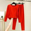 Ladies' Casual And Comfortable Long Sleeved Solid Color With Thick Velvet Sleepwear And Warm Pants Set