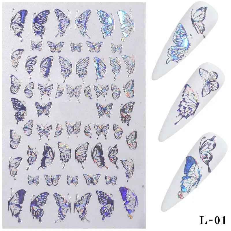 3D Holographic Butterfly Nail Art Stickers Adhesive Gold Silver Laser Foil Nail Decals For Women Girls DIY Manicure Decoration