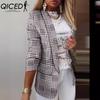 QICED Damen Vintage Casual Gitterdruck Herbst Winter Langarm Polokragen Jacken & Mäntel