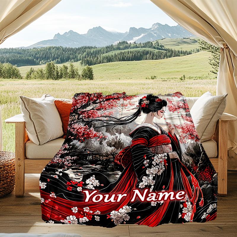 1PC Custom Name Geisha Cherry Blossoms outdooor Flannel blankets Throw Blanket All-Season Throw Gift Bedspread for Couch, Bed, Camping Holiday Birthda