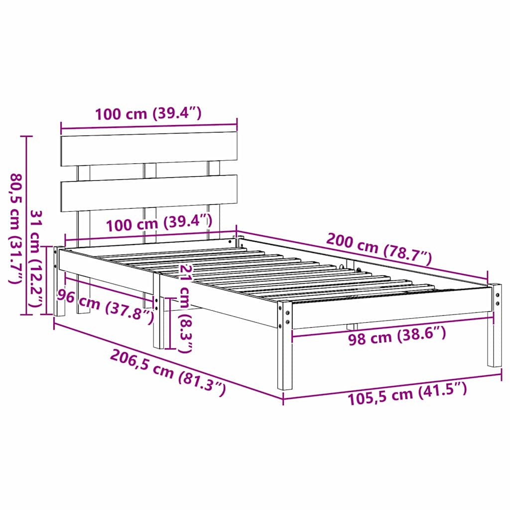 Brown Bed Frame with Headboard 100 x 200 cm Solid Pine Wood