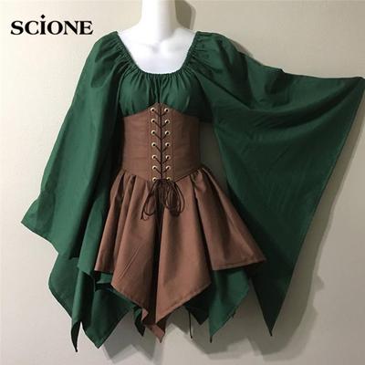 Renaissance Vintage Palace Victoria Medieval Costume Women Halloween Cosplay Full Sleeve Waist Bandage Ptachwork Dress Party