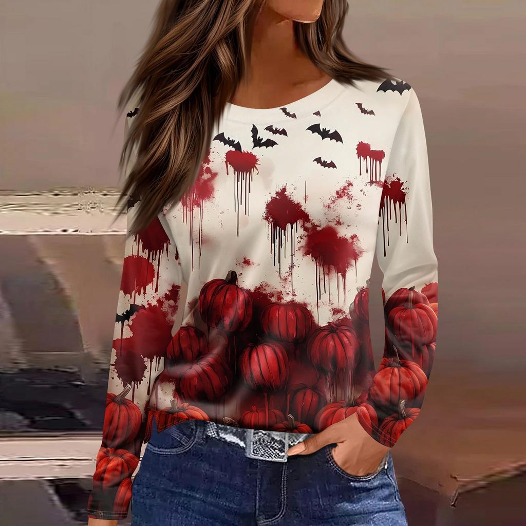 Women's Fashion Casual Slit Hem Round Neck Long Sleeve Loose Halloween Printed T-Shirt Ladies Top