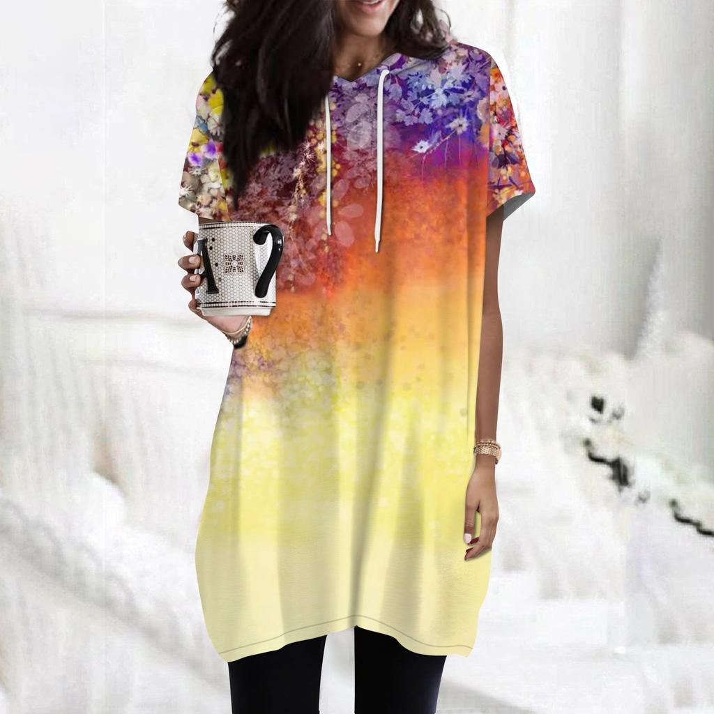 Women's Hoodies Casual Short Sleeve Shirts Fashion Print Tunic Tops With Pockets